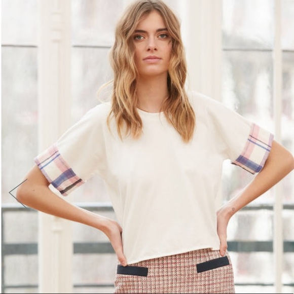 Claudie Pierlot Short Sleeve Plaid Trimmed Top - Picture 5 of 8